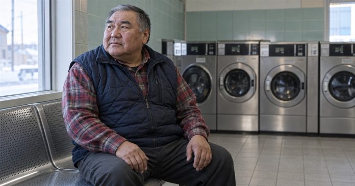 An older man in a navy vest taking a quiet pause on a metal bench beside a laundromat window.