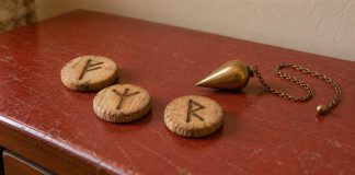 Three wooden rune tokens and a brass pendulum resting on a worn red sideboard.