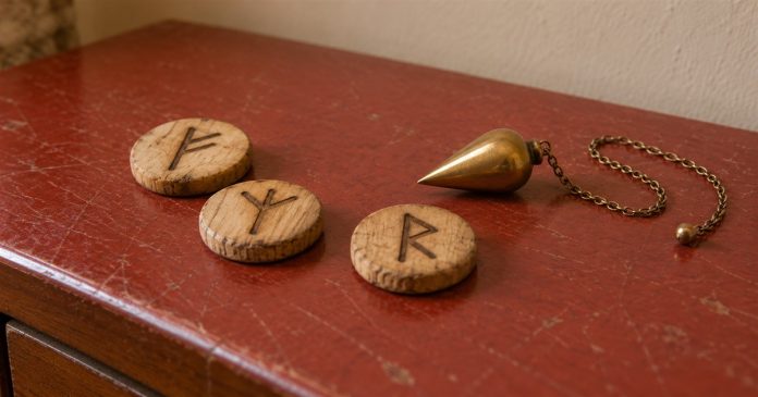Three wooden rune tokens and a brass pendulum resting on a worn red sideboard.