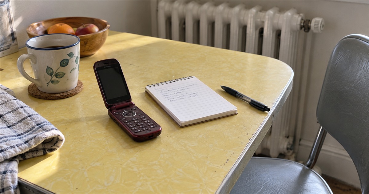 Burgundy flip phone beside a spiral notepad and black pen on a pale yellow kitchen table.