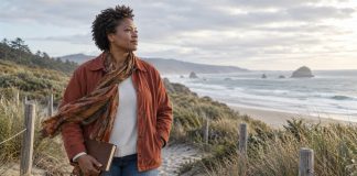 Woman holding a journal on a coastal dune path, looking thoughtfully toward the sea