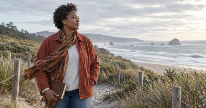 Spirit guides — coastal reflection Woman holding a journal on a coastal dune path, looking thoughtfully toward the sea