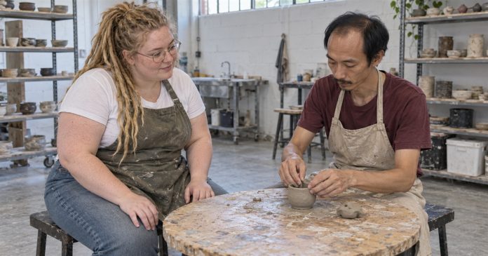 Open Minded Learning — Realistic Ceramics Workshop Woman watching a man shape a small clay pot at a worn round table in a ceramics workshop