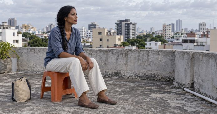 Woman in a blue shirt seated on an orange stool, looking across a city from a rooftop