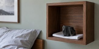 A rough black crystal on folded white cloth in a walnut wall cubby beside a bed