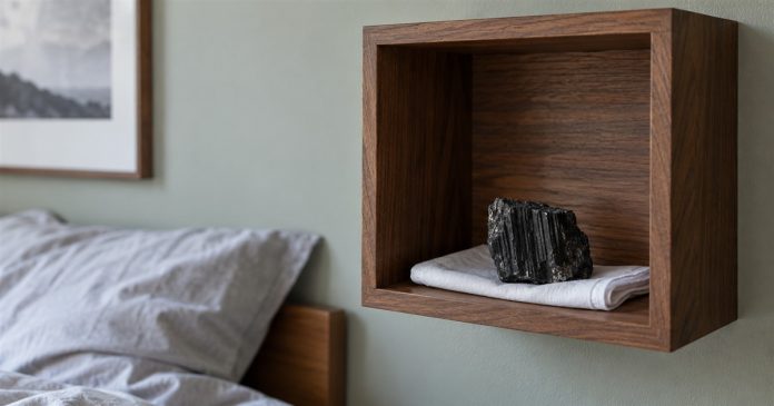 A rough black crystal on folded white cloth in a walnut wall cubby beside a bed