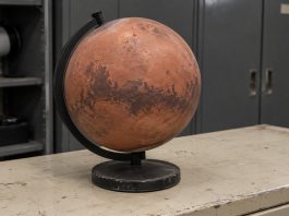 A rust-red Mars teaching globe on a worn cabinet top in an astronomy equipment room