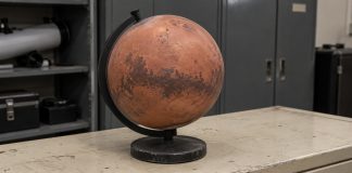 A rust-red Mars teaching globe on a worn cabinet top in an astronomy equipment room