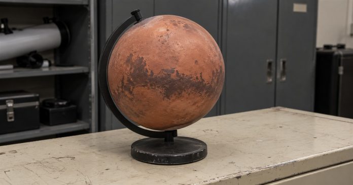 A rust-red Mars teaching globe on a worn cabinet top in an astronomy equipment room
