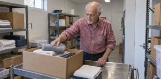 An older man placing folded towels into a cardboard box on a metal cart in a storeroom