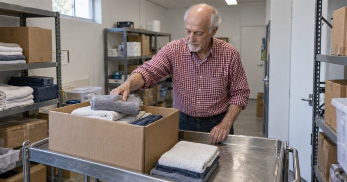 An older man placing folded towels into a cardboard box on a metal cart in a storeroom