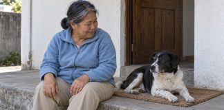 A woman in a blue fleece sitting on a concrete step beside a relaxed black-and-white dog