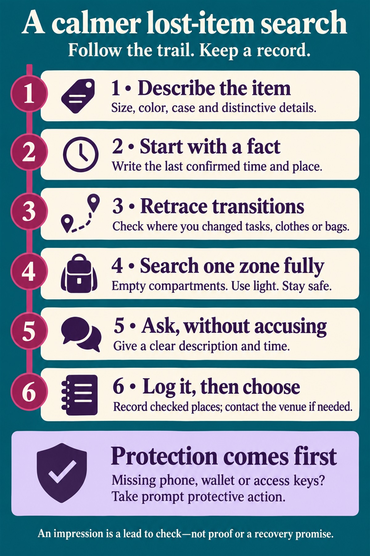Six-step lost-item search route: describe the item, record the last confirmed time and place, retrace transitions, search one zone fully, ask without accusing, and log checked places before choosing the next action. Prompt protection comes first for missing phones, wallets or access keys.