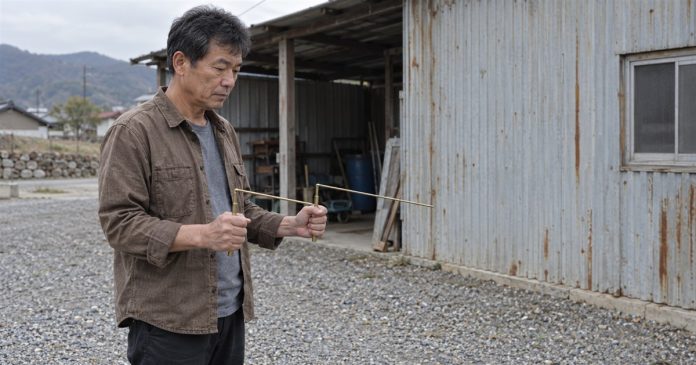 A man holding two brass L-shaped dowsing rods in a gravel courtyard beside a metal shed