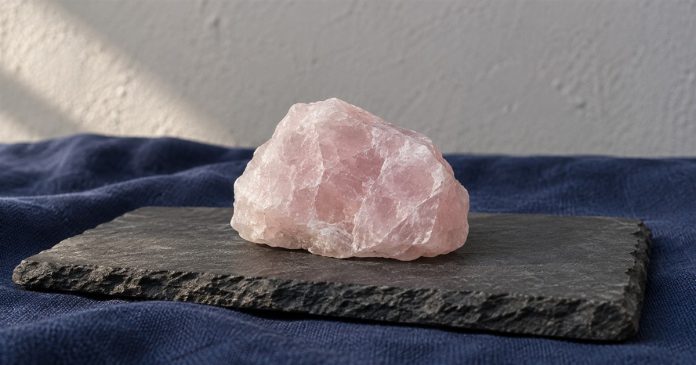 4018 realistic rose quartz 20261004 A rough pale-pink rose-quartz stone on a dark slate slab with navy cloth