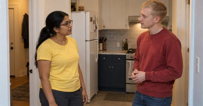 A woman in a yellow shirt and man in a red sweatshirt talking in an apartment kitchen