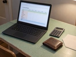 A black laptop with a household budget template beside a calculator, closed wallet and envelopes