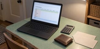 A black laptop with a household budget template beside a calculator, closed wallet and envelopes