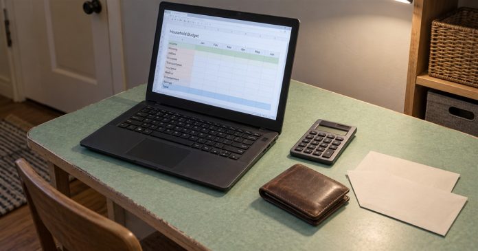 A black laptop with a household budget template beside a calculator, closed wallet and envelopes