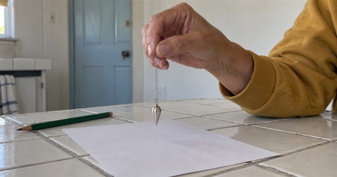 Psychic888 realistic silver pendulum practice 4050 An older adult holding a silver pendulum above blank paper on a white tiled kitchen table.