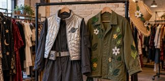 Silver space-explorer costume and leafy gardener jacket with a flower-decorated straw hat on a shop garment rail