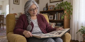 Woman with silver braided hair looking through a family photo album in a mustard armchair