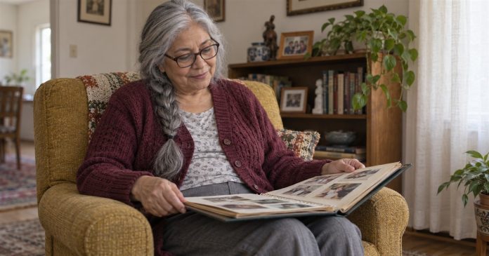 Loved one remembrance realistic cover 4096 Woman with silver braided hair looking through a family photo album in a mustard armchair