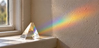 Glass prism on a window ledge casting a rainbow of light onto a textured wall