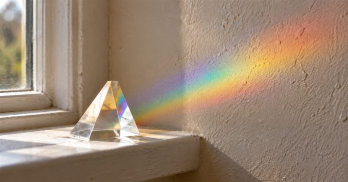 Aura and chakra guide — prism color symbolism Glass prism on a window ledge casting a rainbow of light onto a textured wall