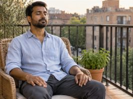 Man resting quietly in a woven chair on a city balcony with his eyes closed