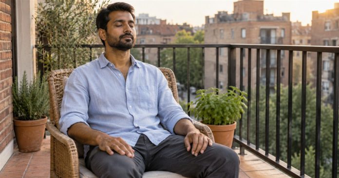 Self-care — balcony breathing pause Man resting quietly in a woven chair on a city balcony with his eyes closed