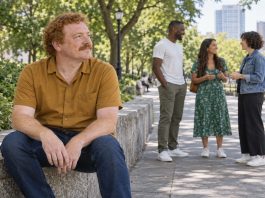 Ginger-haired man taking a quiet pause on a stone wall while three friends chat along an urban park promenade