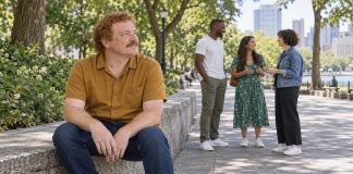 Ginger-haired man taking a quiet pause on a stone wall while three friends chat along an urban park promenade