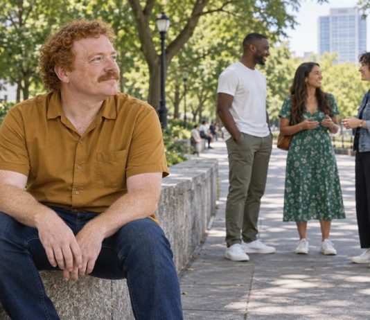 Ginger-haired man taking a quiet pause on a stone wall while three friends chat along an urban park promenade