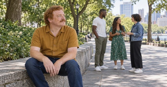 Social styles realistic cover 4185 Ginger-haired man taking a quiet pause on a stone wall while three friends chat along an urban park promenade