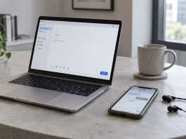 Silver laptop with an email compose window beside an olive-cased phone and wired earbuds on a pale concrete desk