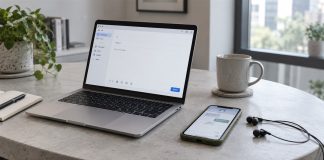 Silver laptop with an email compose window beside an olive-cased phone and wired earbuds on a pale concrete desk