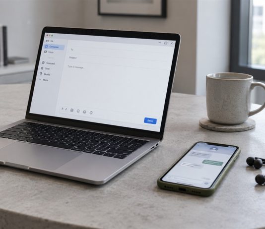 Silver laptop with an email compose window beside an olive-cased phone and wired earbuds on a pale concrete desk