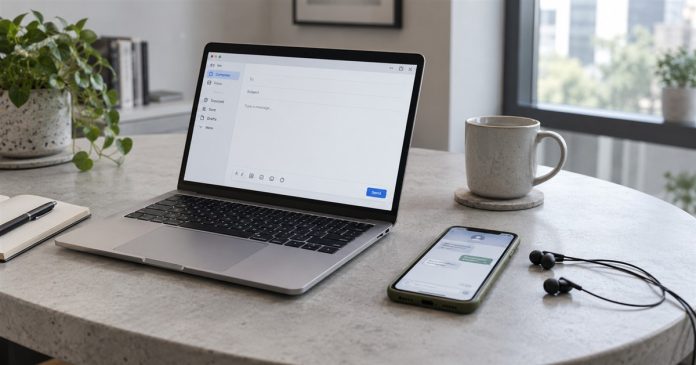 Silver laptop with an email compose window beside an olive-cased phone and wired earbuds on a pale concrete desk