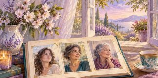 Symbolic watercolor memory album showing a fictional woman at three adult ages beside a bright garden window.
