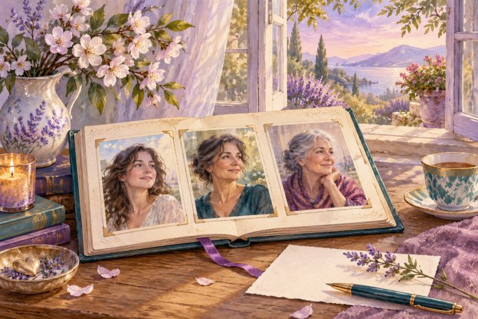 Age in Heaven — Remembrance and Spiritual Hope Symbolic watercolor memory album showing a fictional woman at three adult ages beside a bright garden window.