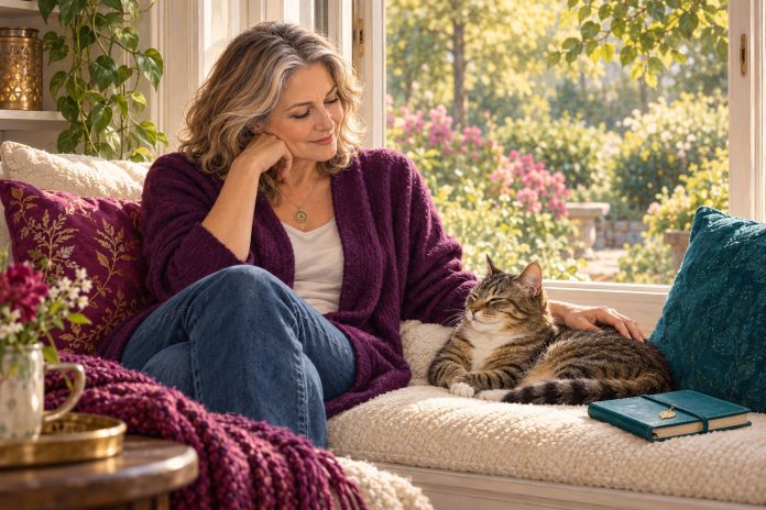 Illustration of an adult sitting peacefully beside a relaxed tabby cat on a window seat.