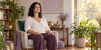 Woman resting comfortably in a chair during a quiet meditation at home