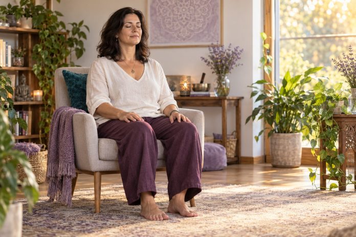 A quiet chakra reflection practice Woman resting comfortably in a chair during a quiet meditation at home