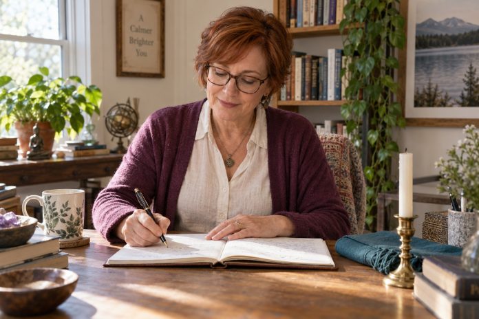 Woman writing in a journal at a sunlit home-study desk