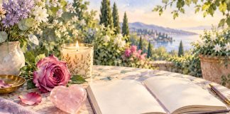 Symbolic watercolor still life of heart-shaped rose quartz, a rose and a blank journal on a sunlit garden table.