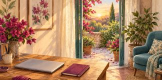 Watercolor of a closed laptop and plum notebook on a wooden desk beside a teal chair and open garden doorway