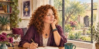 Watercolor illustration of a woman journaling beside a leafy courtyard window.