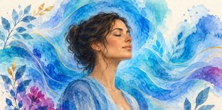 Watercolor portrait surrounded by symbolic turquoise, cobalt and sky-blue color fields
