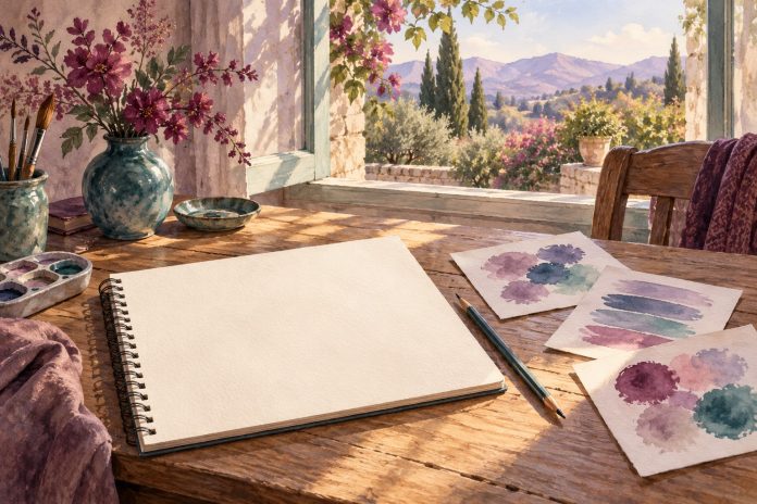 Making room for a creative idea Watercolor blank sketchbook, pencil and color swatches beside an open garden window.